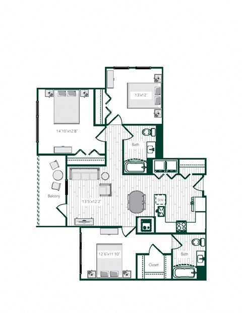 Floor plan for 3 beds, 2 baths, 1301 sqft